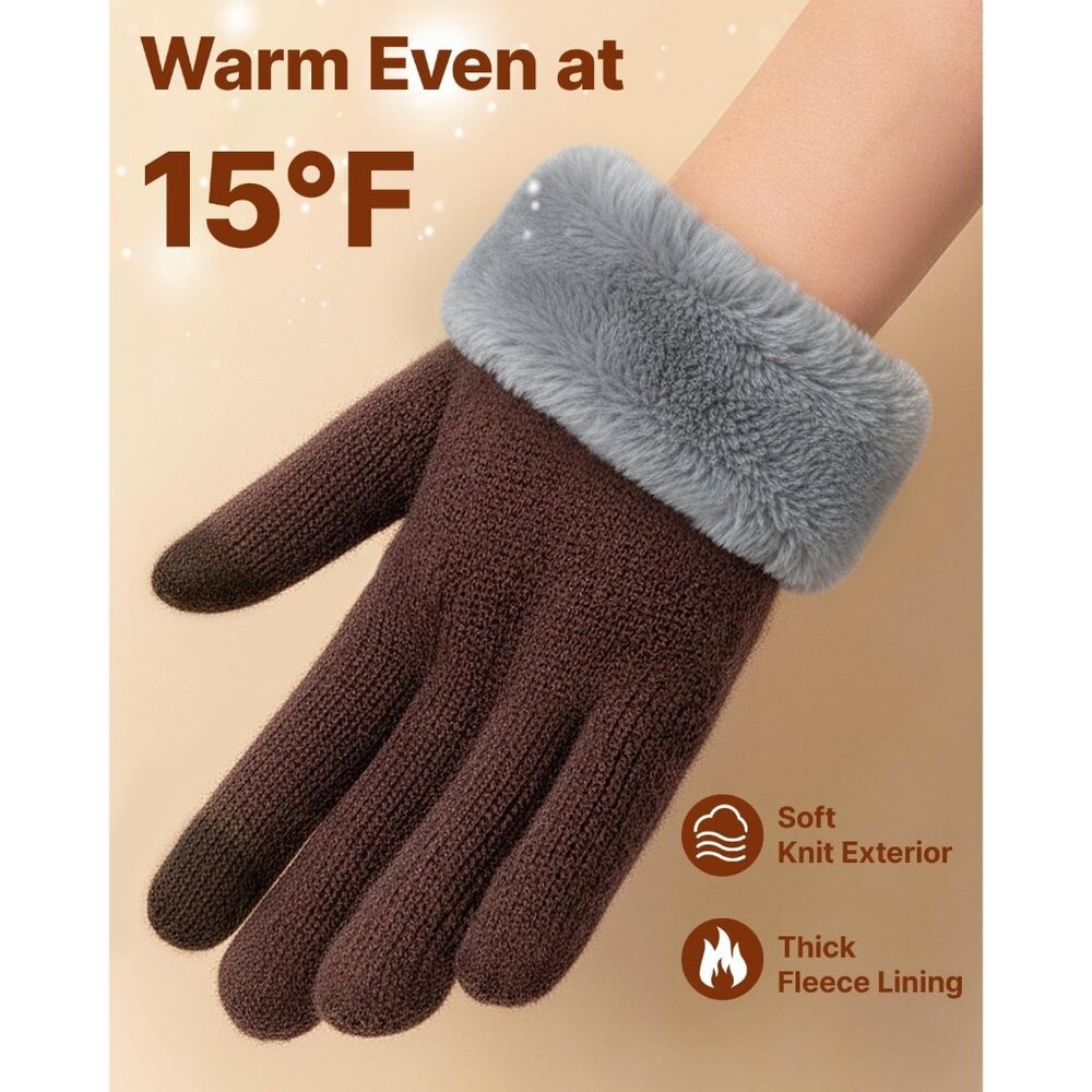 Women's Brown Wool Lining Cuffs Windproof Winter Warm Knit Cold Weather Gloves - Picture 3 of 6